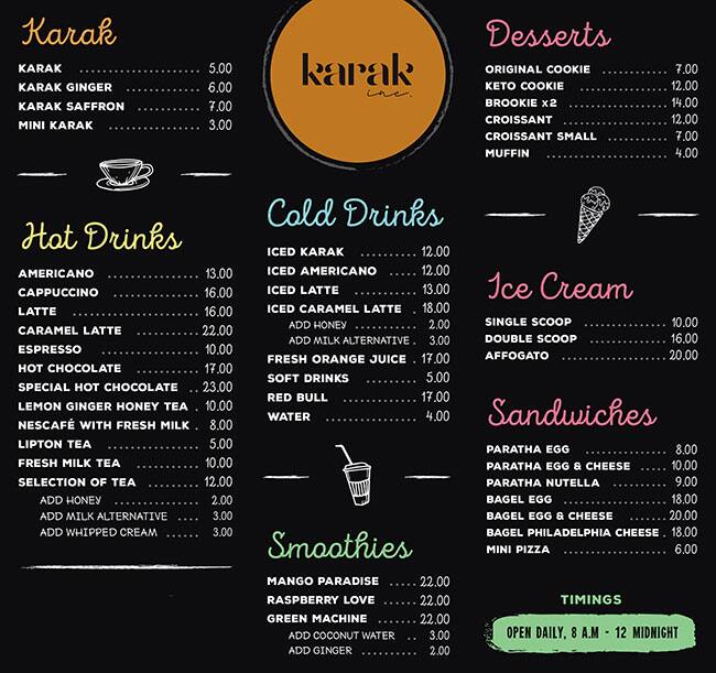 Karak Inc Menu, Menu for Karak Inc, Al Safa, Dubai Zomato