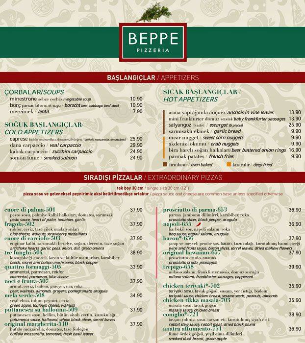 Beppe Pizzeria Menu, Menu v reštaurácii Beppe Pizzeria, Moda, İstanbul