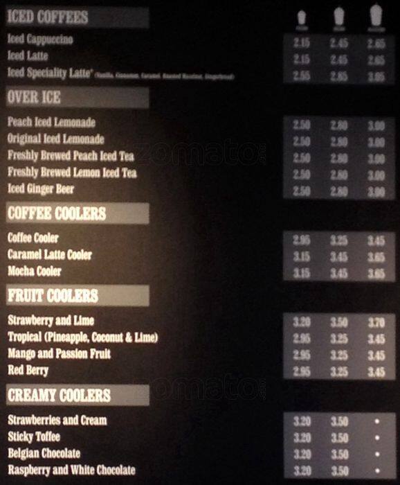 Costa Coffee menu