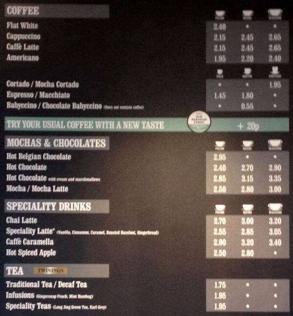Costa Coffee menu
