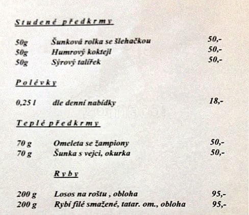 Menu at Penzion Ivanka, Prague
