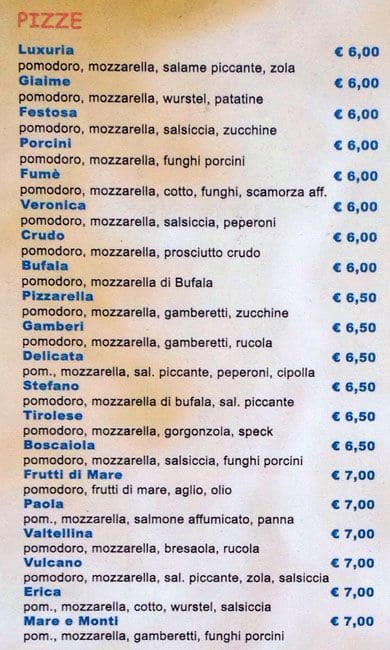 Menu de Caffè Zara