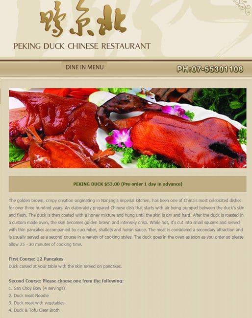 Menu at Peking Duck Chinese Restaurant, Hope Island