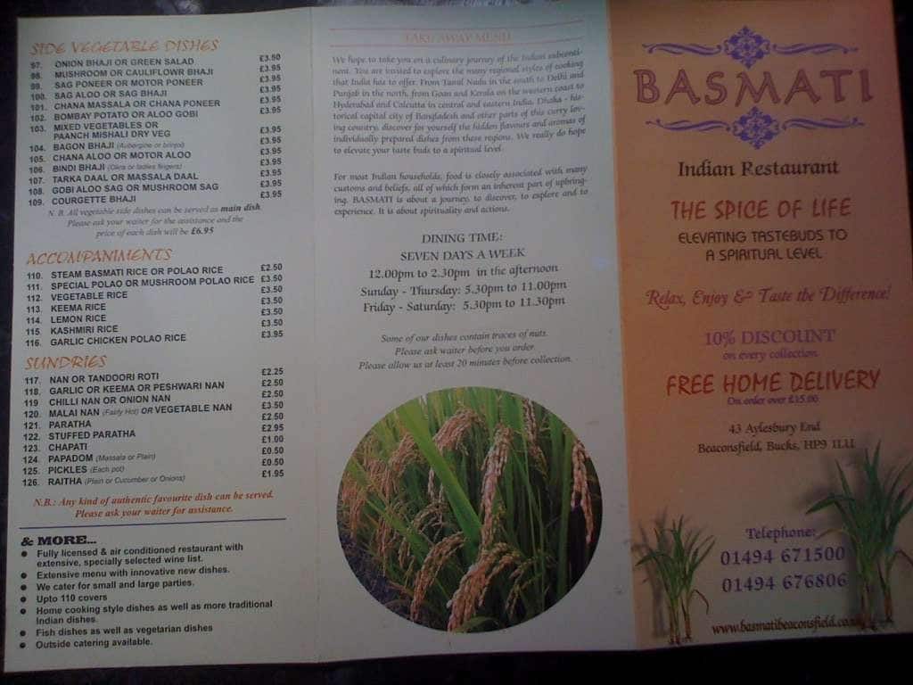 Menu at Basmati Indian Restaurant, Beaconsfield