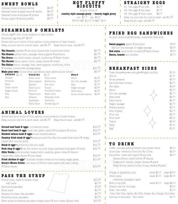 Menu at Gravy restaurant, Portland, N Mississippi Ave