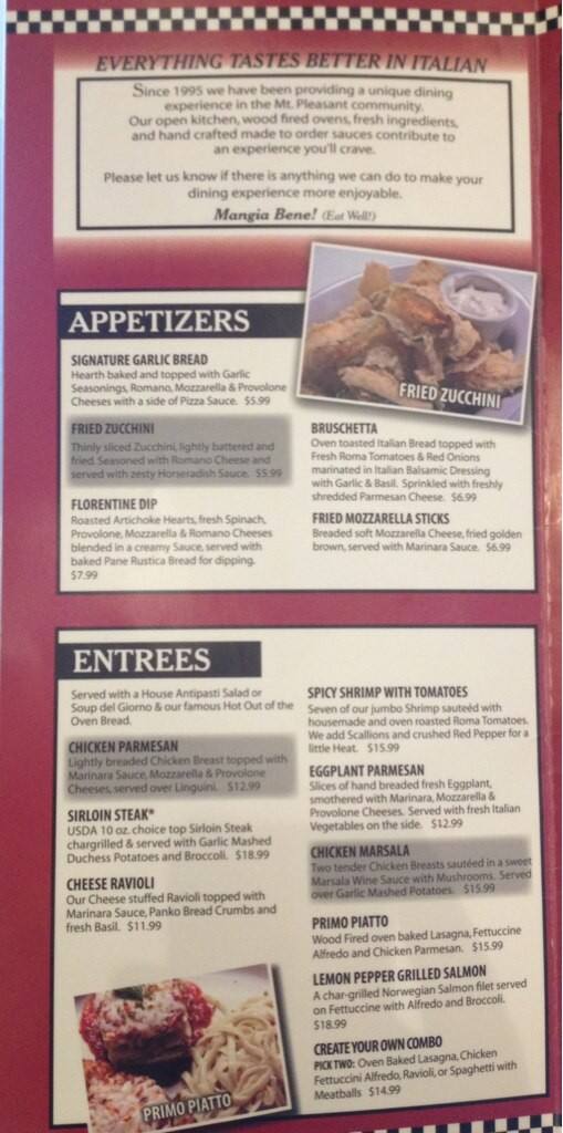 Italian Oven Restaurant Menu For Mt Italian Oven Restaurant Mt Pleasant Menu