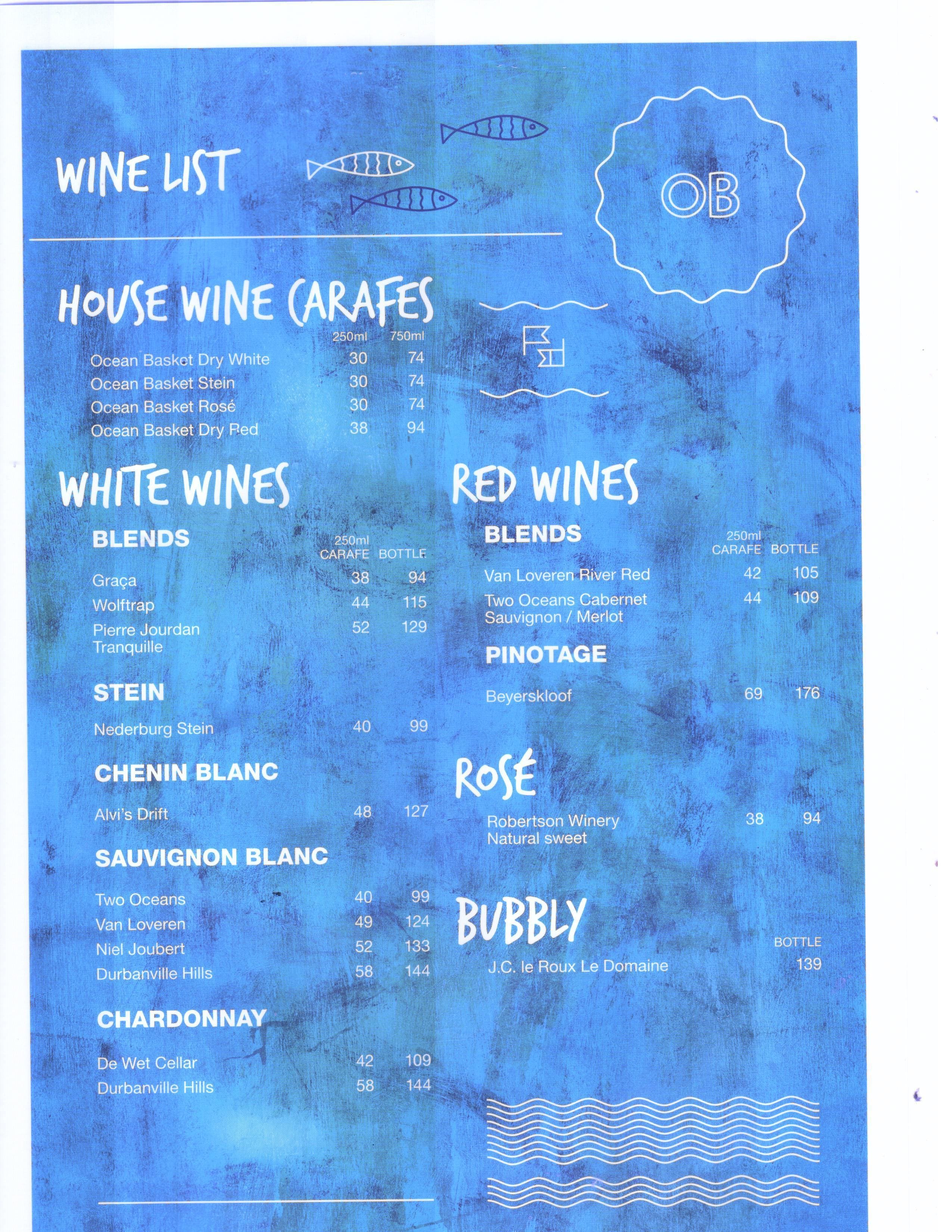 Ocean Basket Menu, Menu for Ocean Basket, White River, White River