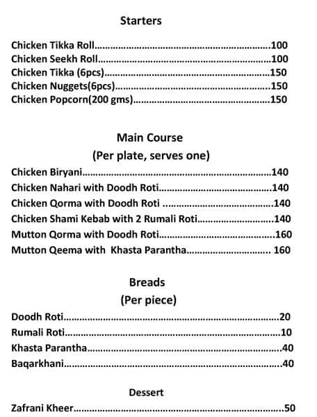 Menu at Turkman Gate, New Delhi