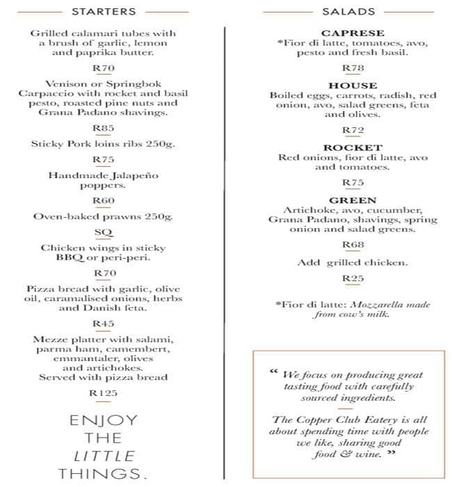Menu at Copper Club Eatery, Cape Town, 3 Main Street