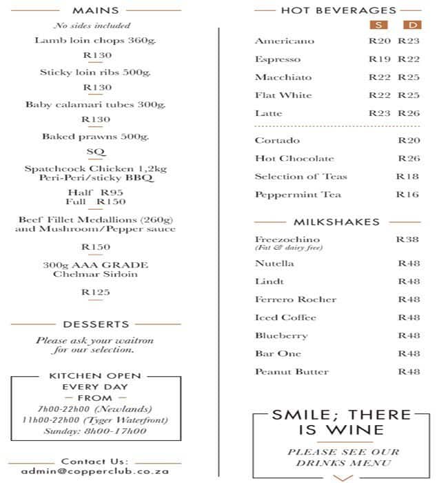 Menu at Copper Club Eatery, Cape Town, 3 Main Street