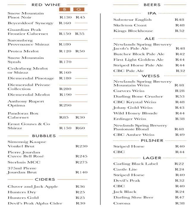 Menu at Copper Club Eatery, Cape Town, 3 Main Street