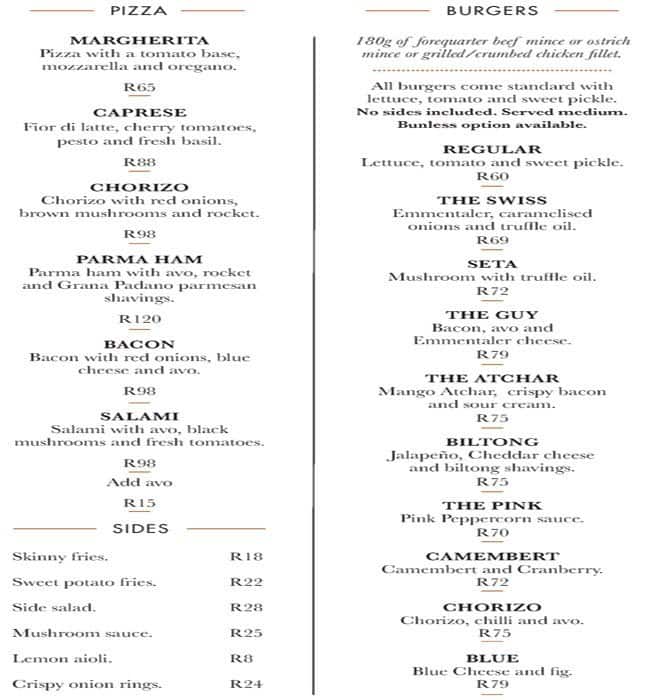 Menu at Copper Club Eatery, Cape Town, 3 Main Street
