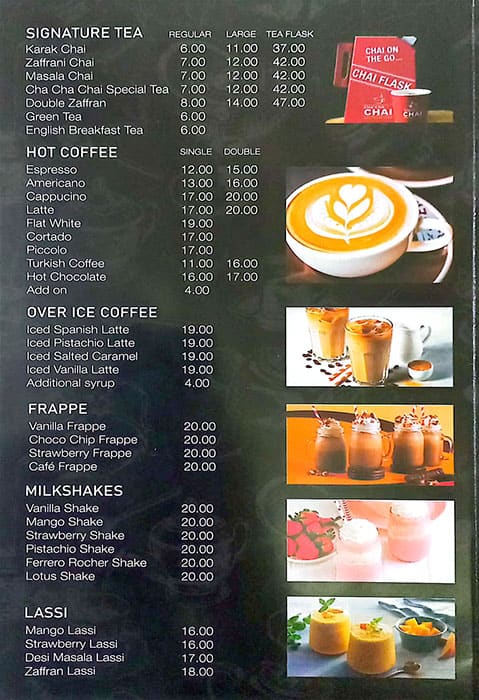 Menu of Cha Cha Chai Trade Centre Area Dubai