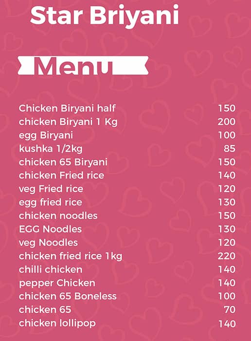 Menu of Star Biryani, Vadapalani, Chennai