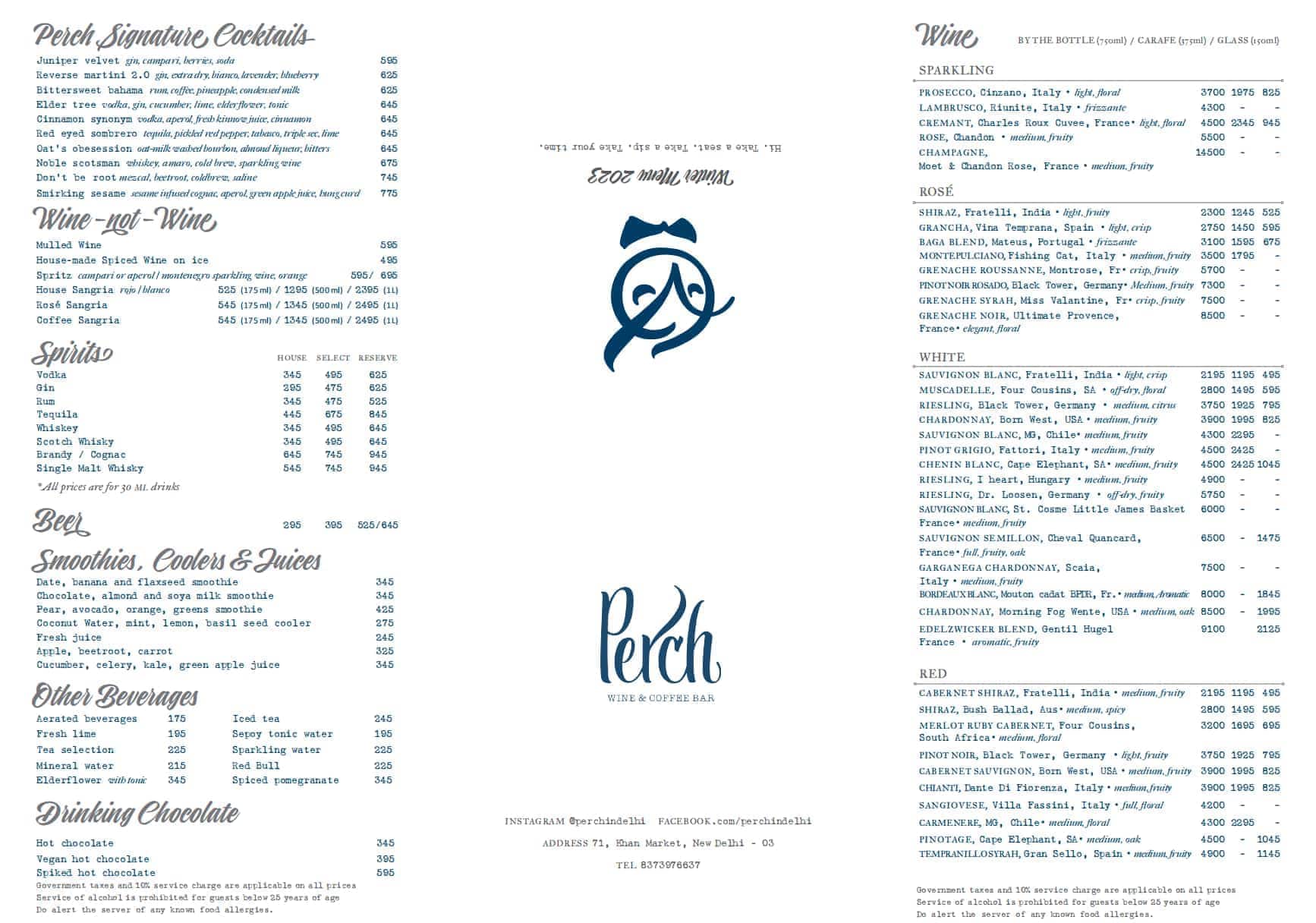 Menu of Perch Wine Coffee Bar Vasant Vihar New Delhi