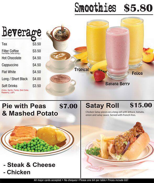 Menu at Denny's restaurant, Porirua, 2 Semple St