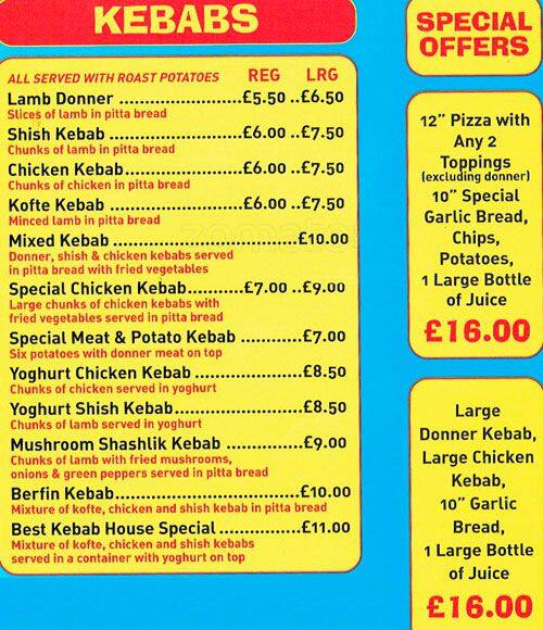Menu at Best Kebab House restaurant, Edinburgh