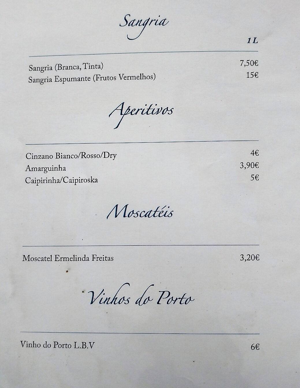 Carta del pub y bar A Vela, Lisboa