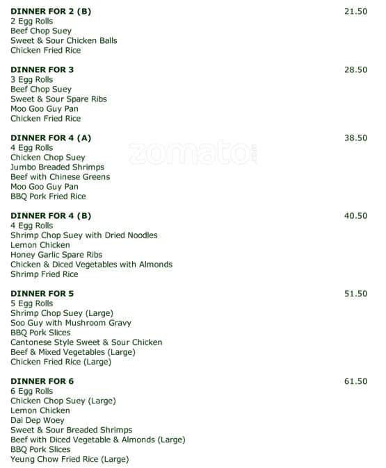 Menu de Number One Chinese Restaurant