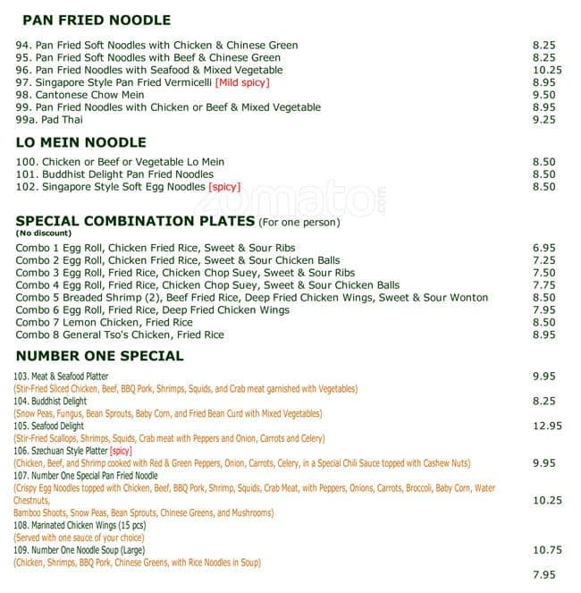 Menu de Number One Chinese Restaurant