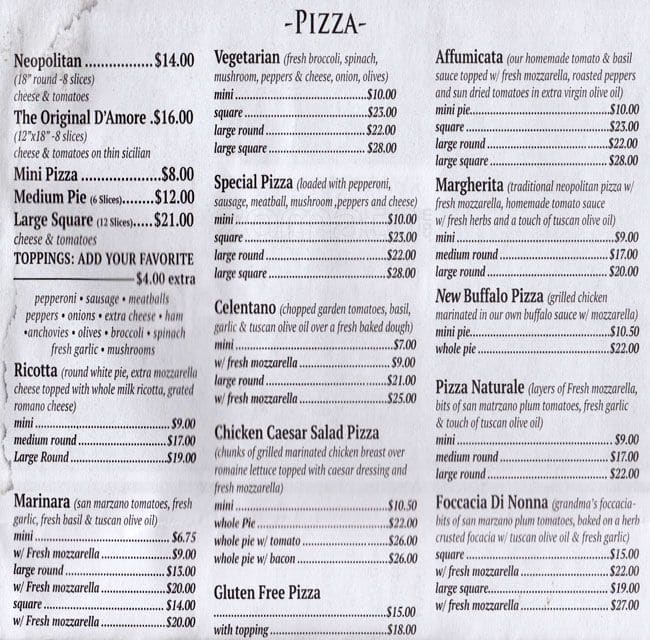 Pizza D'Amore Menu, Menu for Pizza D'Amore, Gravesend, New York City ...