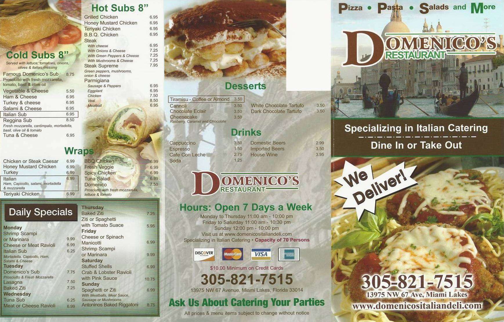 Menu at Domenico's pizzeria, Miami Lakes