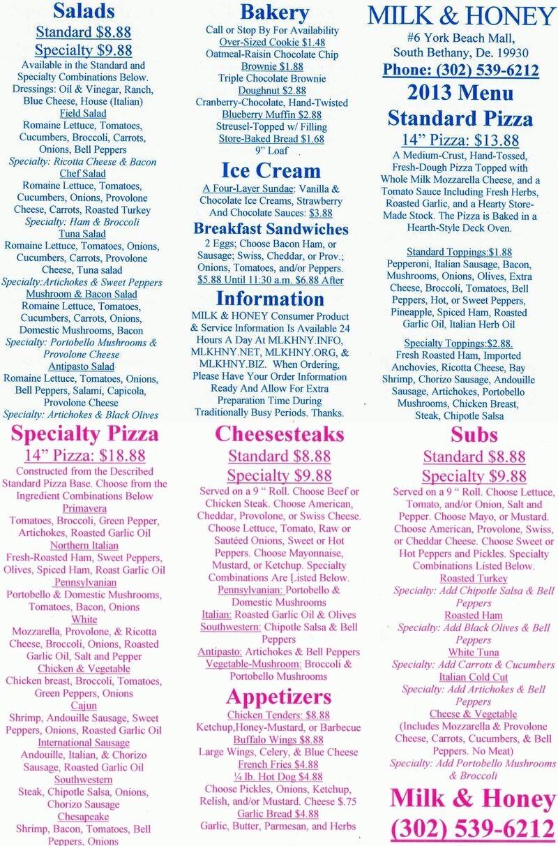 Milk & Honey Menu, Menu for Milk & Honey, Bethany Beach, Bethany Beach