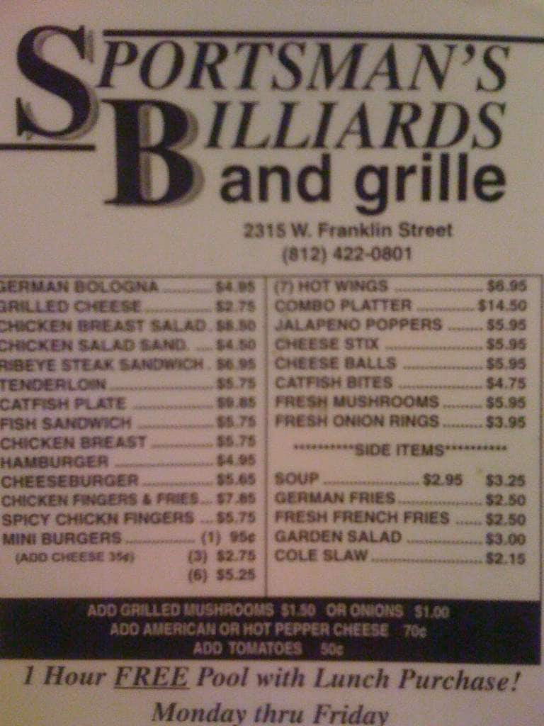 Sportsman's Grille & Billiards Menu Urbanspoon/Zomato