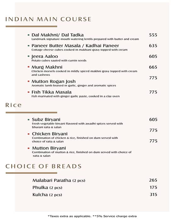 Yu Lounge & Bar - The Landmark Hotel menu