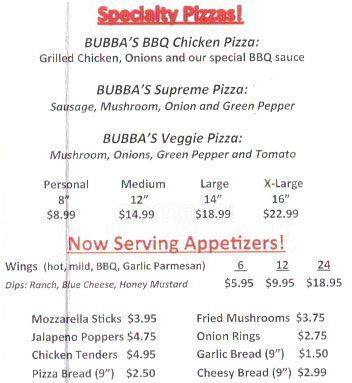 Bubba's Place menu