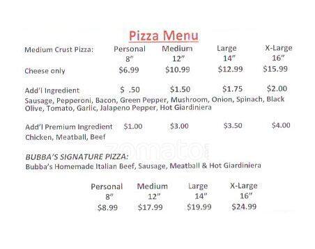 Bubba's Place menu