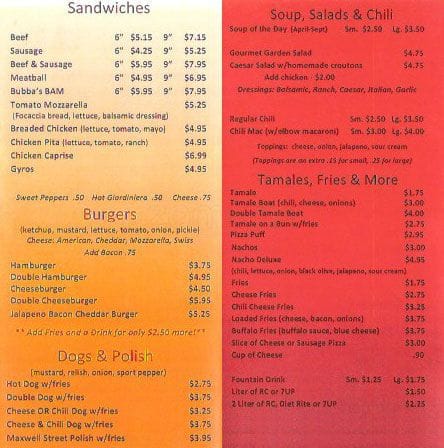 Bubba's Place menu