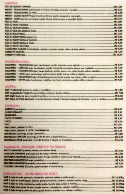 Panificadora Colombo cardápio