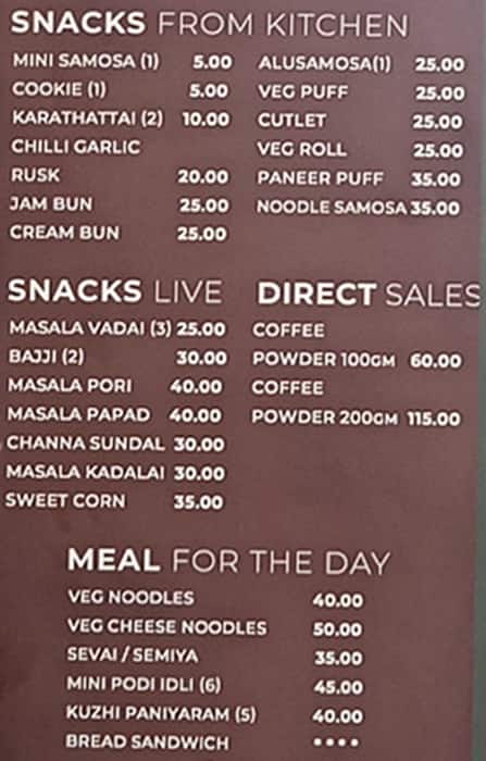 Madras Coffee Shop menu
