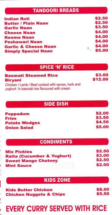 Simply Spice menu