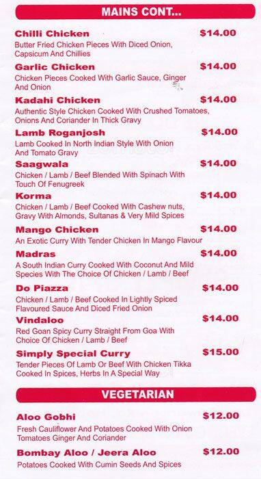 Simply Spice menu