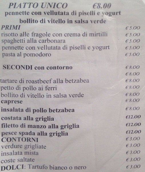 Menu di Betzabea 