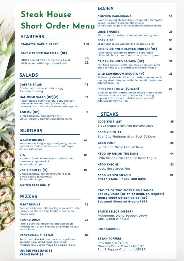 Menu at Pineapple Hotel pub & bar, Kangaroo Point, 706 Main St