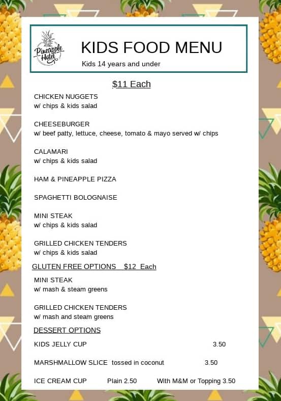 Menu at Pineapple Hotel pub & bar, Kangaroo Point, 706 Main St