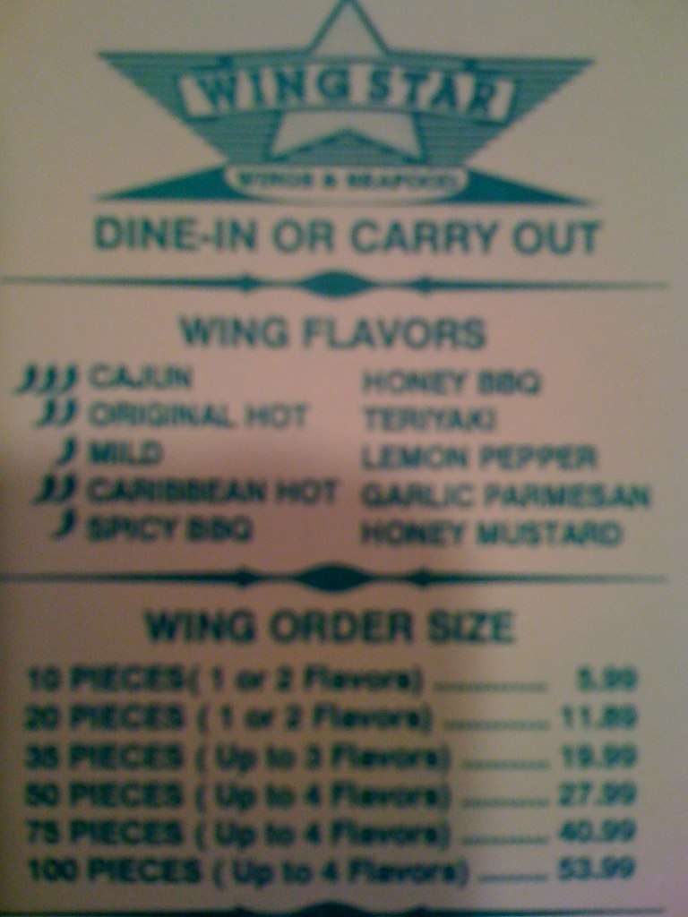 Menu at Wing Town fast food, Corinth, FM2181