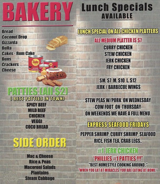 Menu at Miracles Jamaican Restaurant & Bakery, Philadelphia