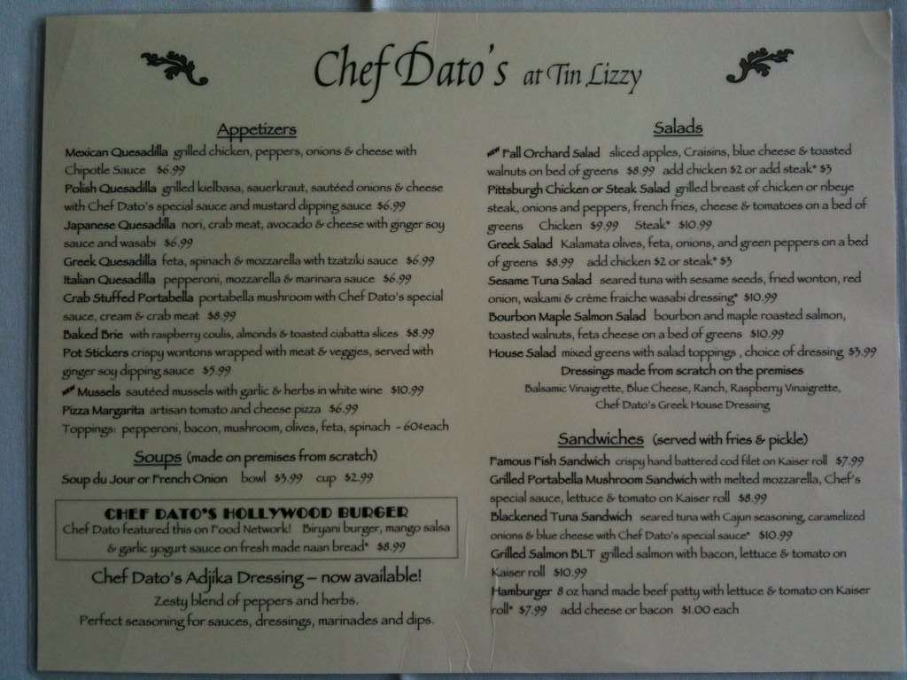 Menu at Tin Lizzy pub & bar, Youngstown, 259 Main Street