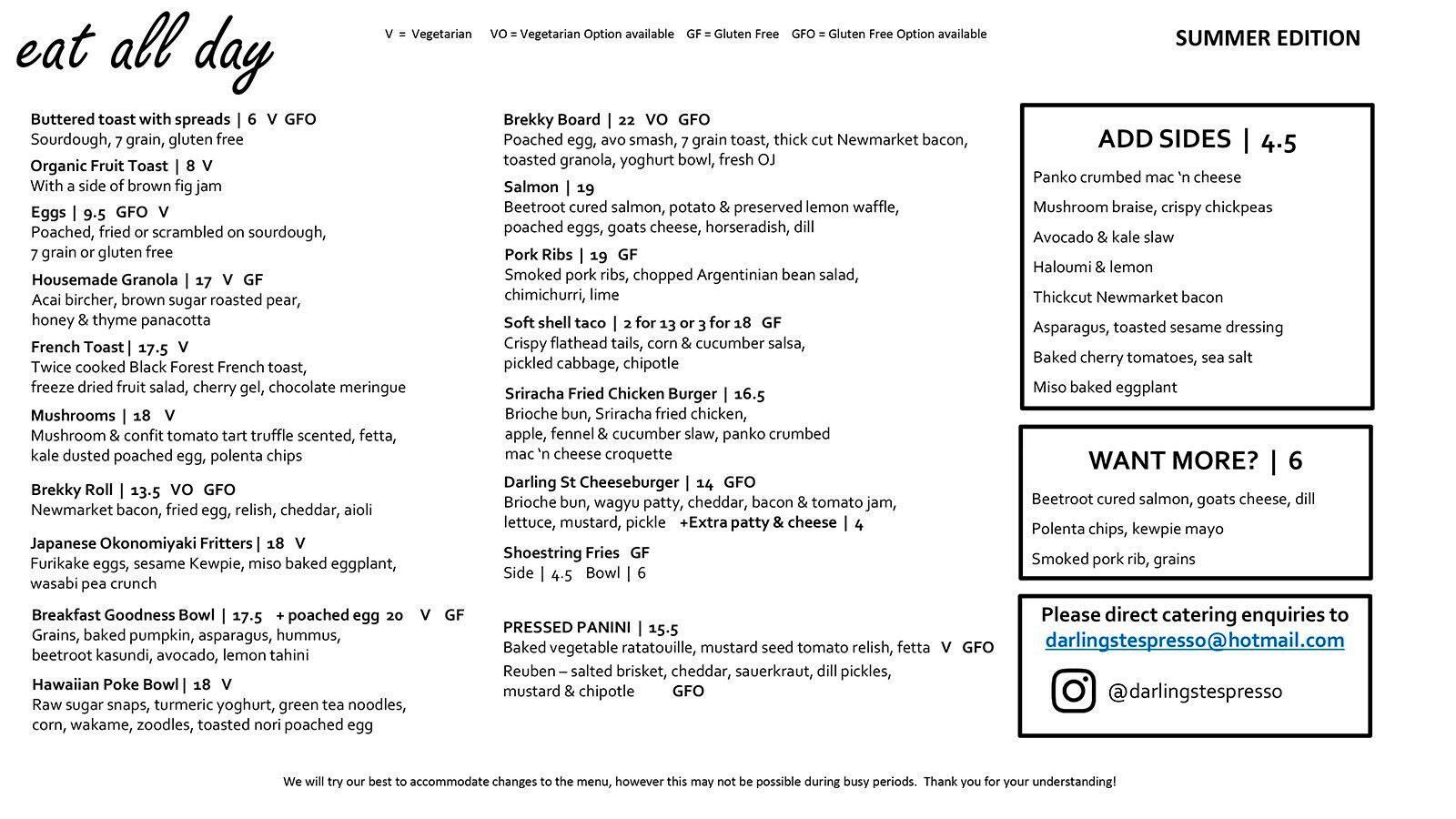 Darling Street Espresso Menu, Menu v reštaurácii Darling Street