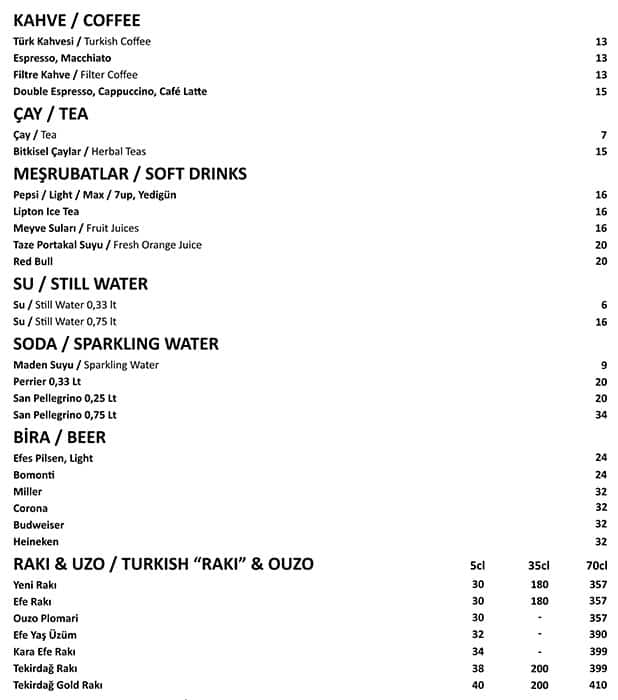 Menu at Sumach, Istanbul