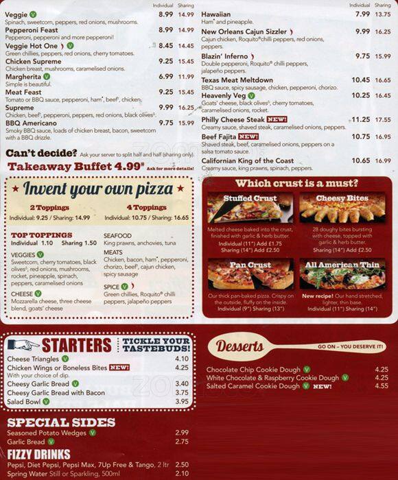 Menu at Pizza Hut restaurant, Croydon, The Colonnades Purley Way