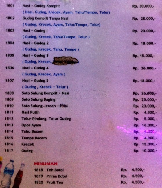 Menu at Gudeg Khas Jogja restaurant, West Jakarta