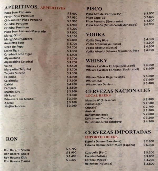 Barandiaran Menu,Menú para Barandiaran, Colina, Santiago 