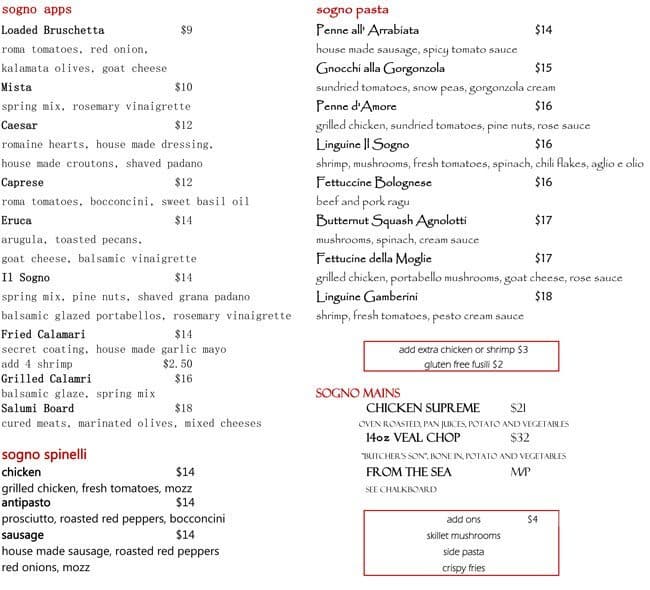 Il Sogno Menu, Menu for Il Sogno, Yonge & Eglinton, Toronto