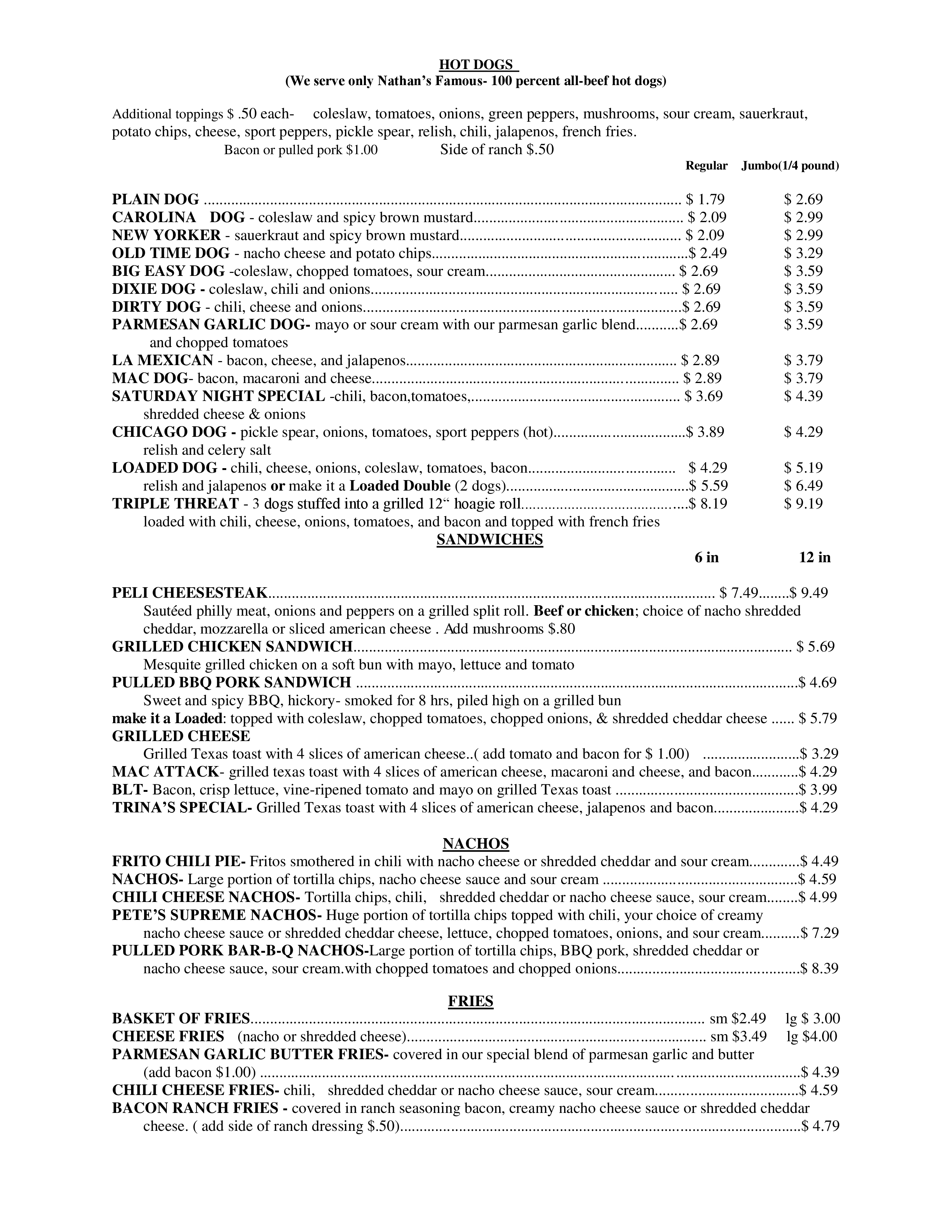 The Frozen Pelican Menu, Menu for The Frozen Pelican, Keystone Heights