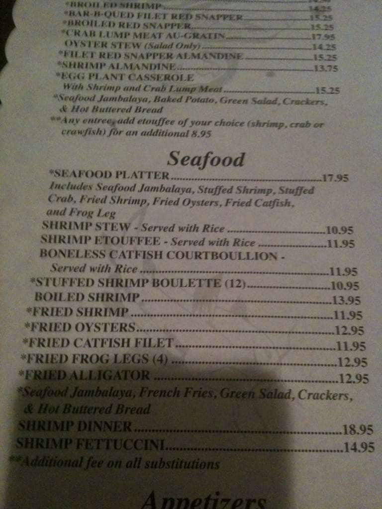 Menu at Lagneaux's restaurant, Lafayette